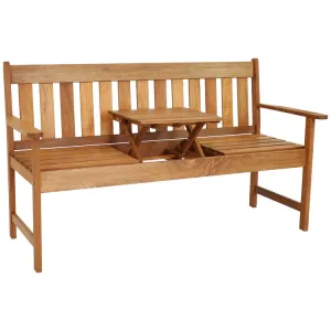 60" Meranti Wood Two-Person Outdoor Bench Seat with Pop-Up Table - Brown