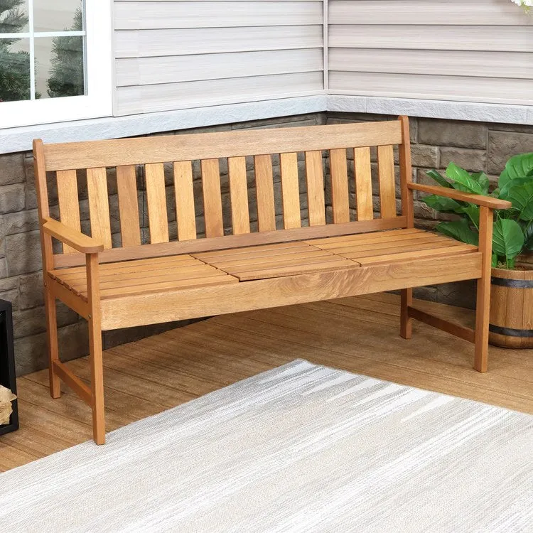 60" Meranti Wood Two-Person Outdoor Bench Seat with Pop-Up Table - Brown