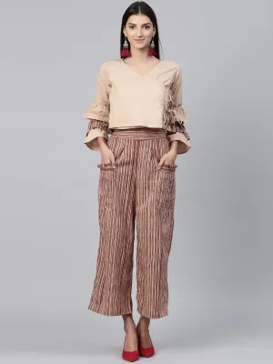 Beige 3/4th sleeve cotton tops with Beige striped palazzo with double pocket