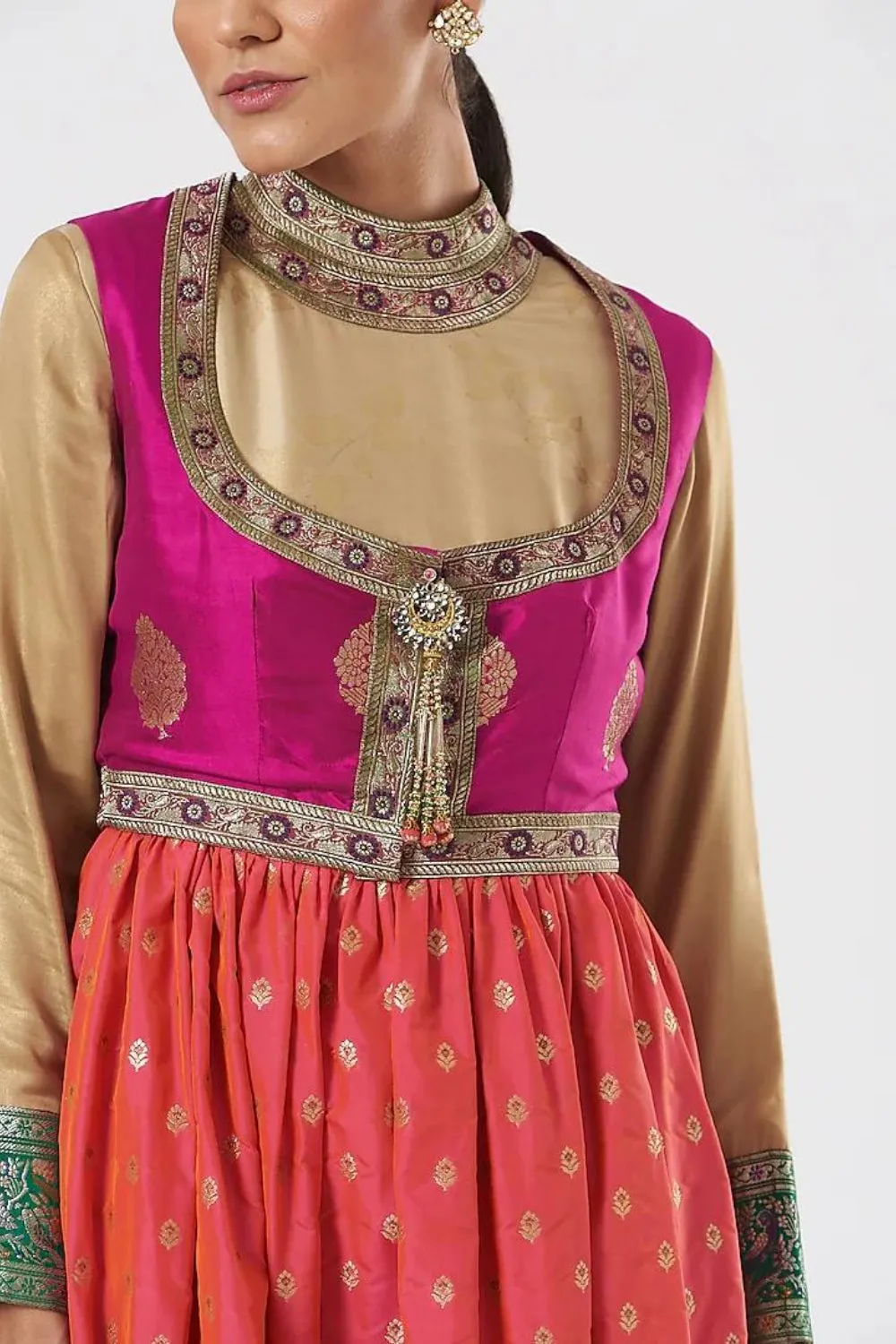 Beige and Fuschia pink silk Anarkali Set