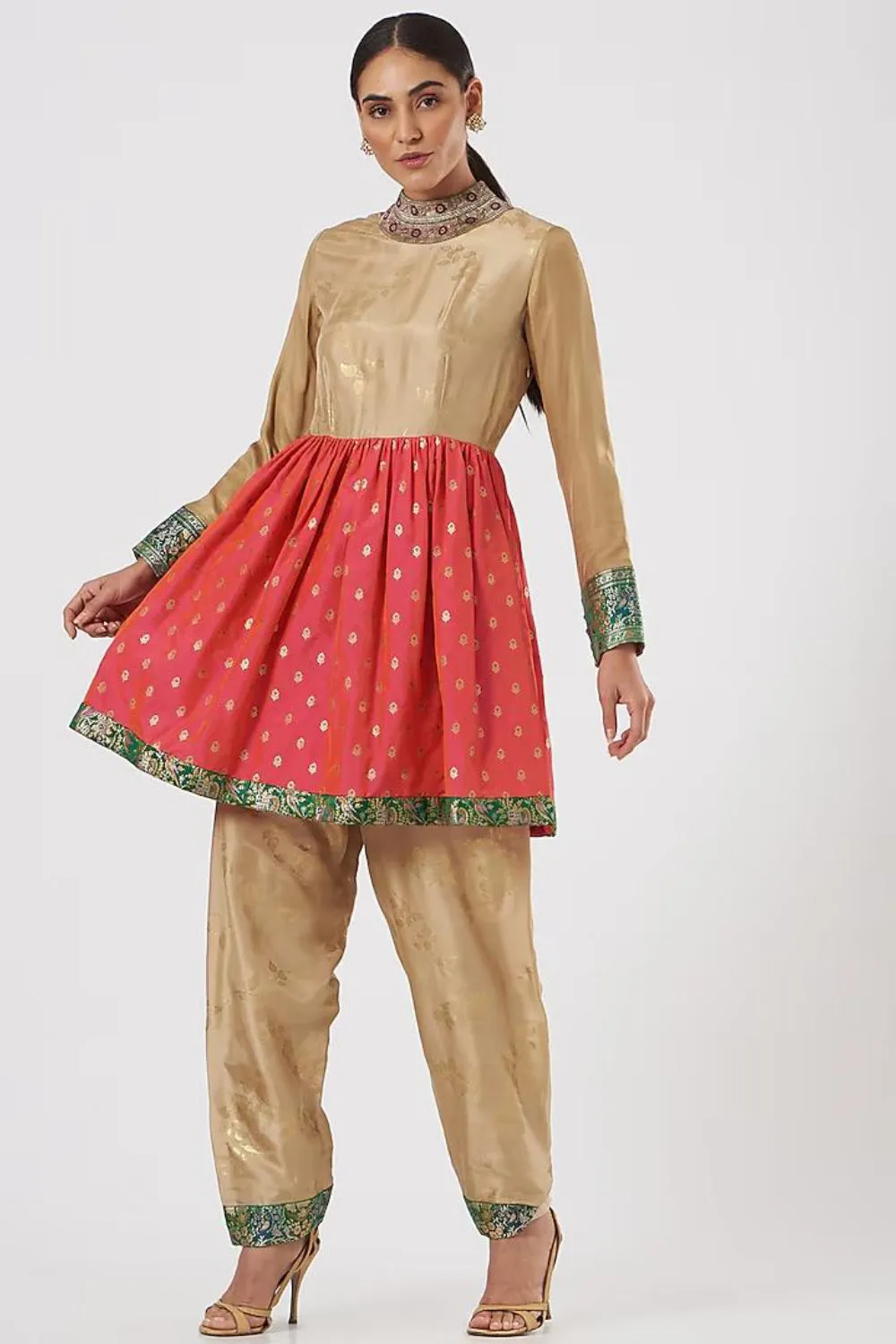 Beige and Fuschia pink silk Anarkali Set