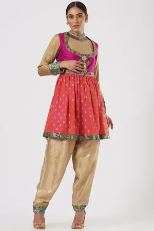 Beige and Fuschia pink silk Anarkali Set