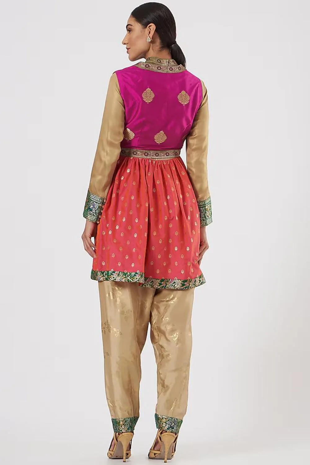Beige and Fuschia pink silk Anarkali Set