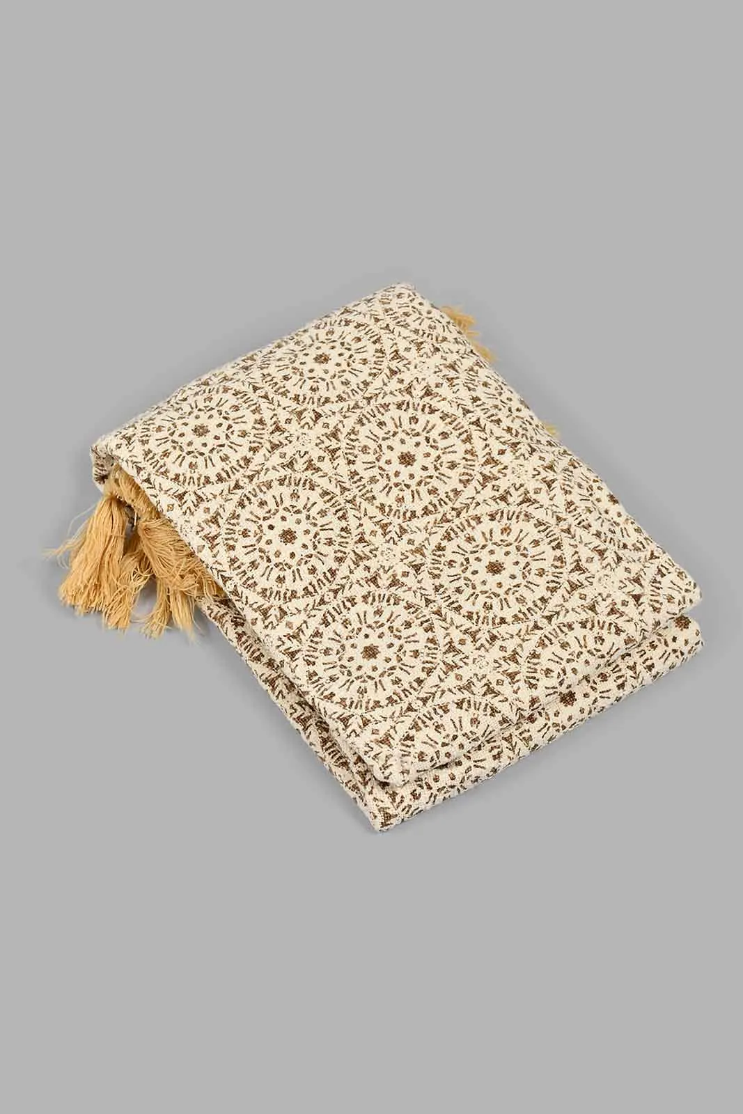 Beige Geometric Throw With Fringes