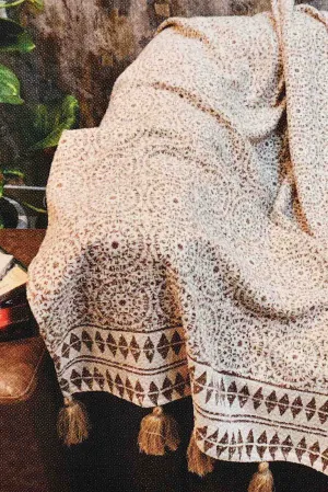 Beige Geometric Throw With Fringes
