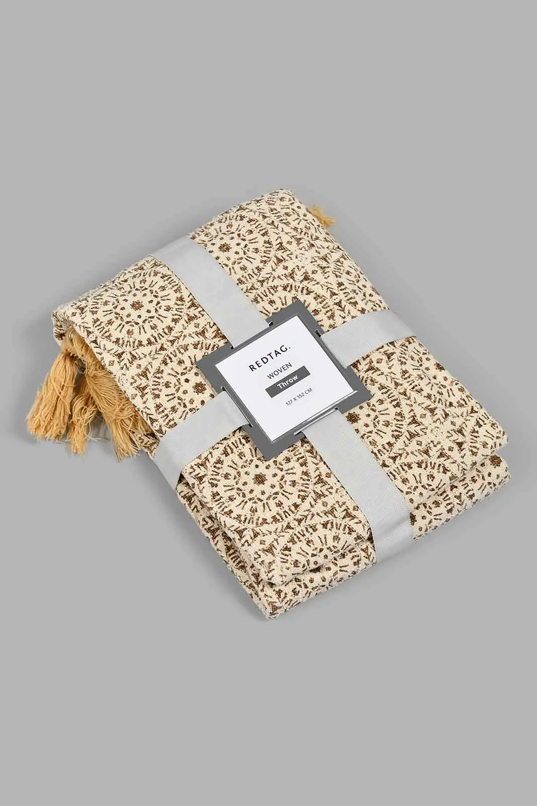 Beige Geometric Throw With Fringes