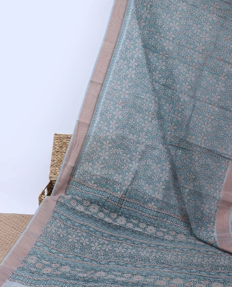 Blue floral printed budget cotton saree, plain border &  floral & geometric printed pallu