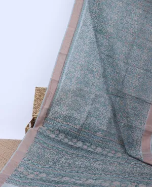 Blue floral printed budget cotton saree, plain border &  floral & geometric printed pallu