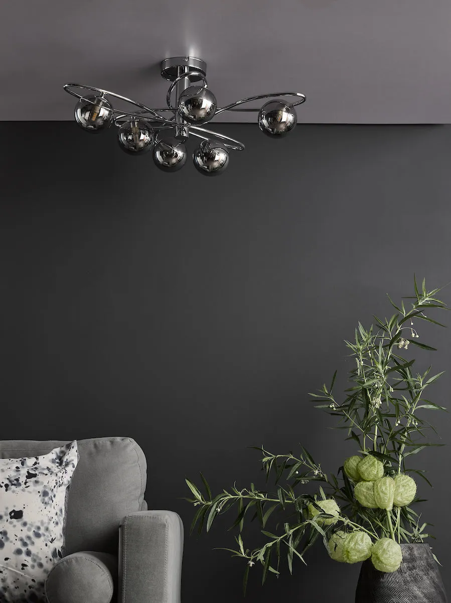 Dar Lysandra 6 Light Semi-Flush Polished Chrome and Smoked Glass