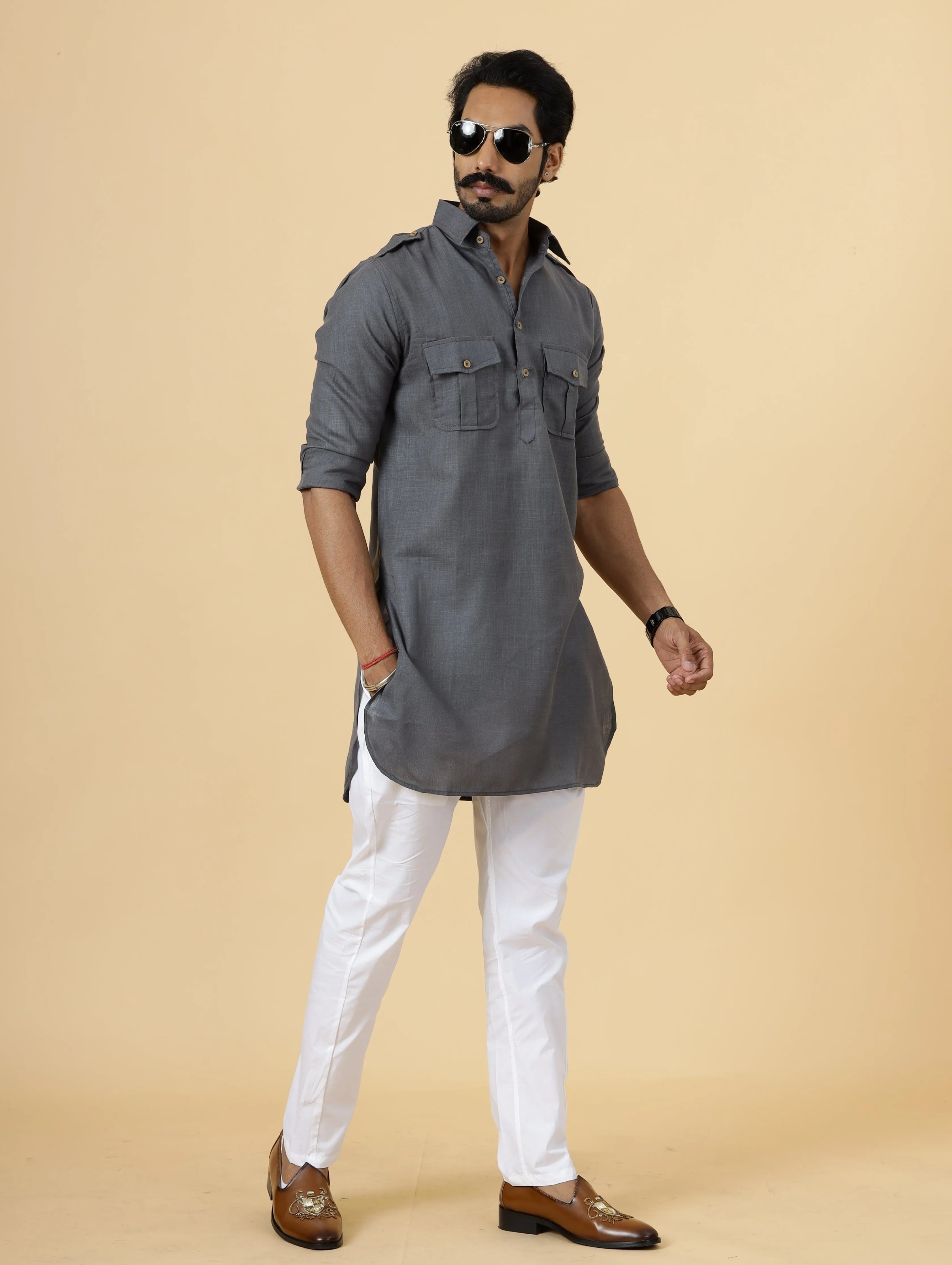 Dark Grey Hunting Style Kurta-Pajama set