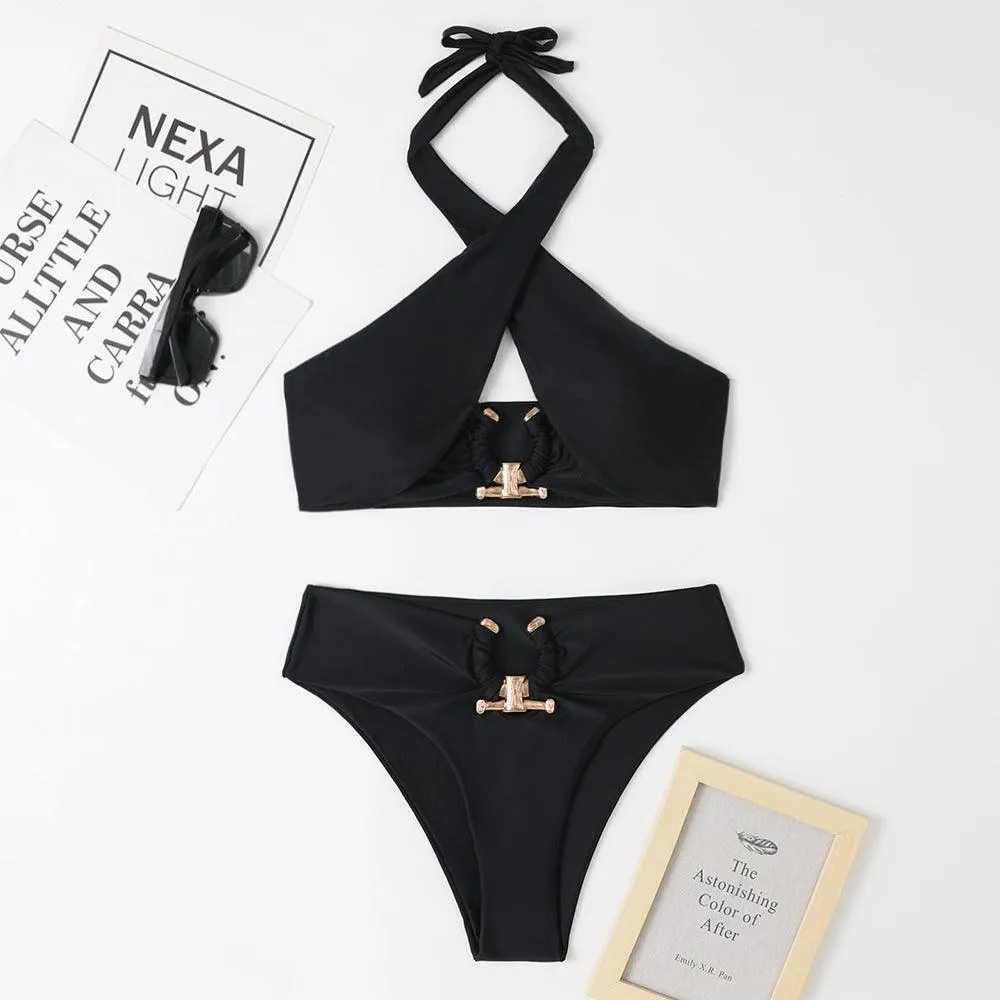 Fashionable Split High Waist Briefs Cross-Halterneck Swimsuit
