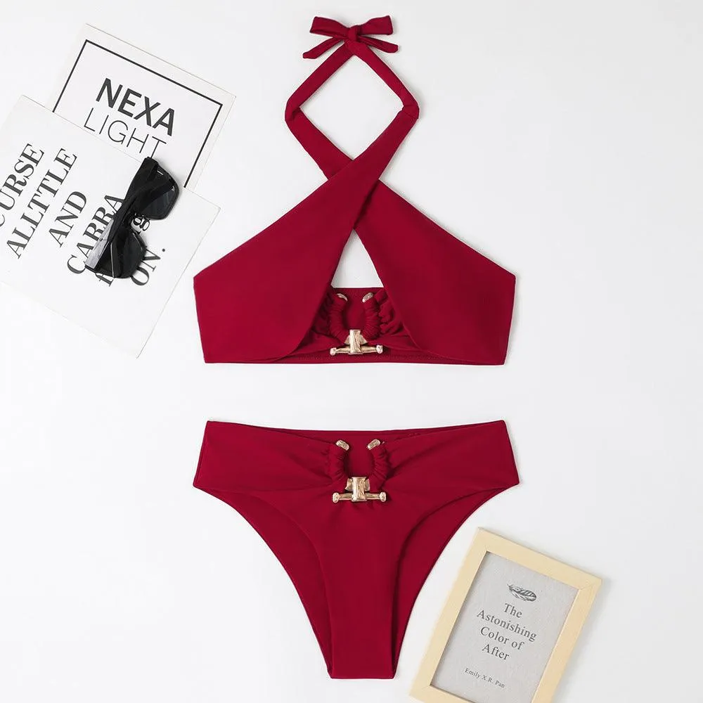 Fashionable Split High Waist Briefs Cross-Halterneck Swimsuit