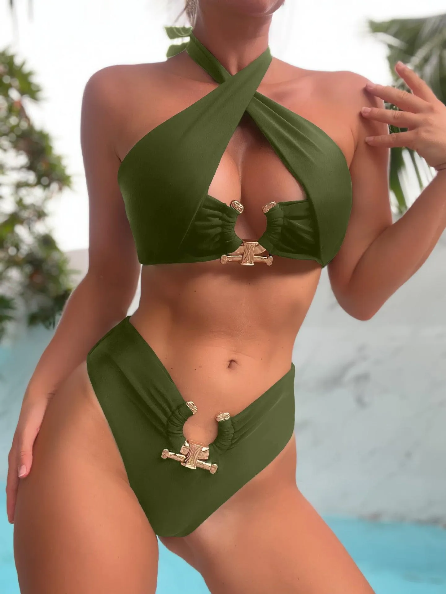 Fashionable Split High Waist Briefs Cross-Halterneck Swimsuit