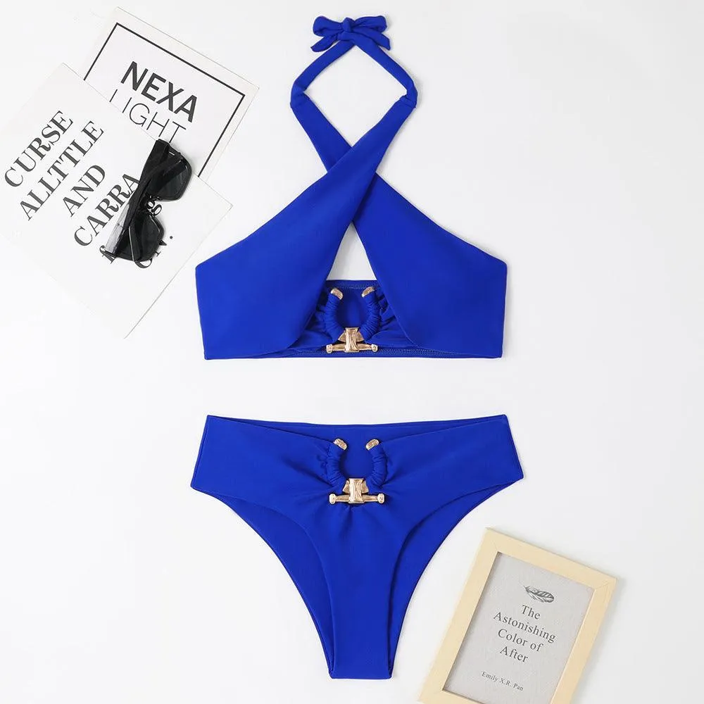 Fashionable Split High Waist Briefs Cross-Halterneck Swimsuit