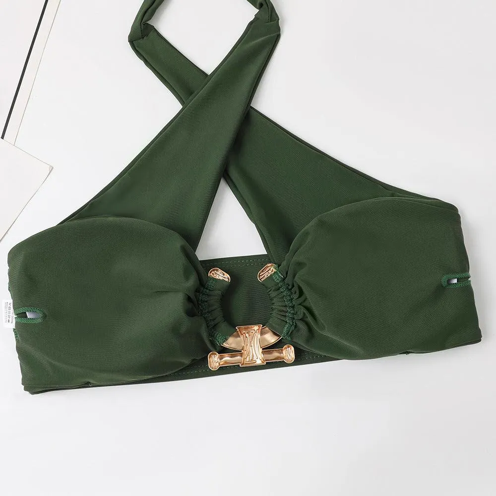Fashionable Split High Waist Briefs Cross-Halterneck Swimsuit