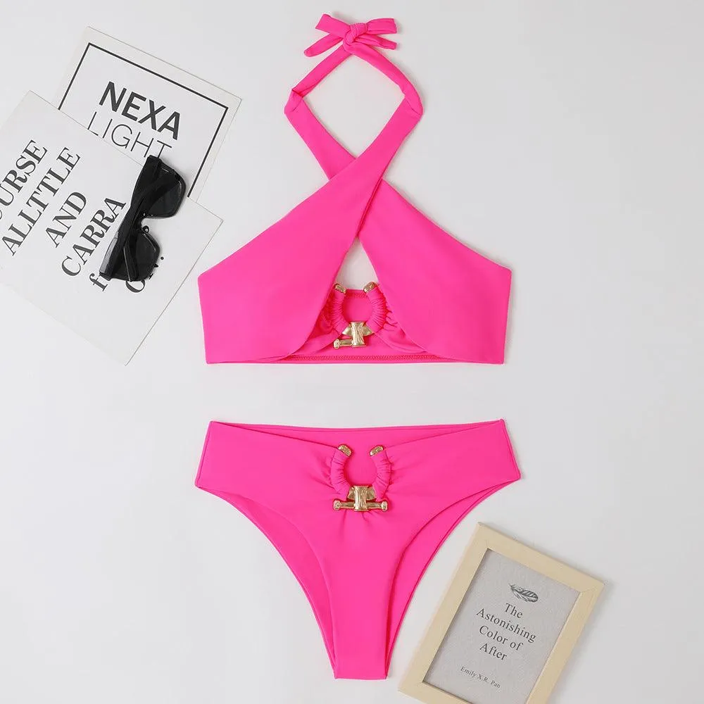 Fashionable Split High Waist Briefs Cross-Halterneck Swimsuit