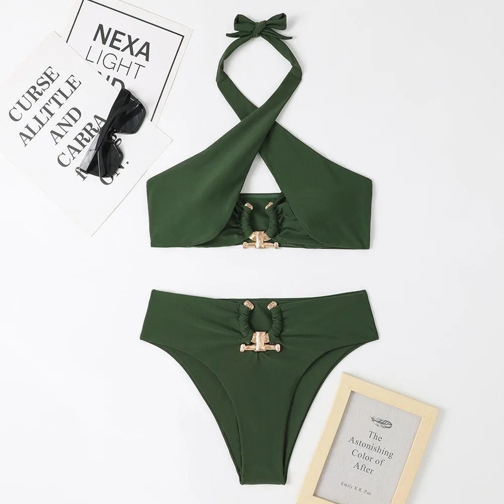 Fashionable Split High Waist Briefs Cross-Halterneck Swimsuit