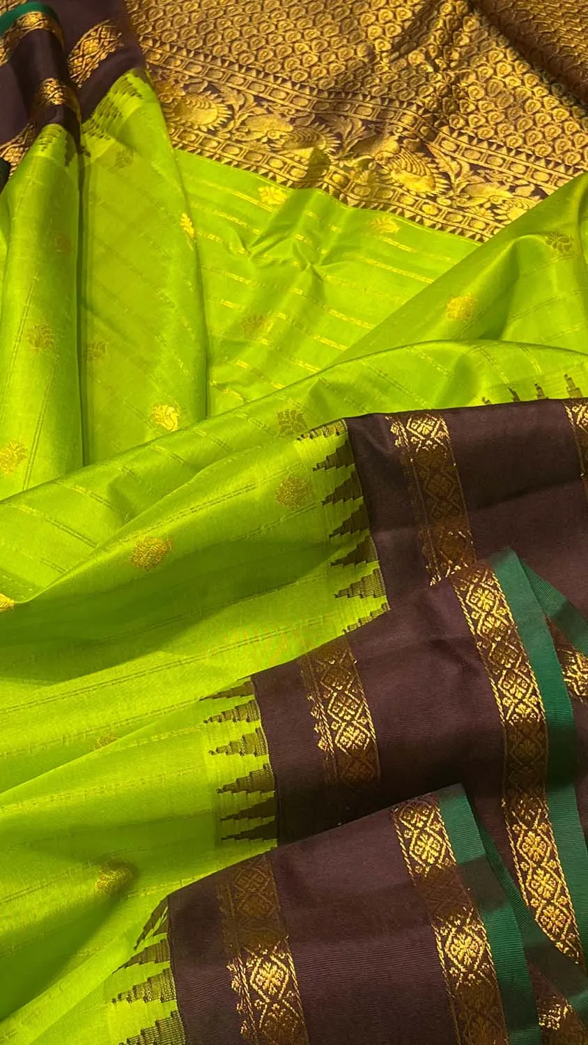 Green Gadwal Handloom Silk Saree with Temple Border
