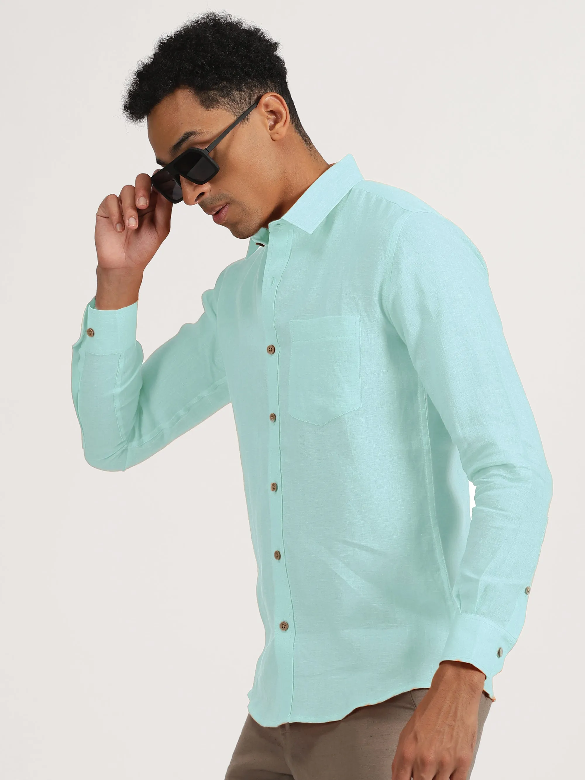 Harvey - Pure Linen Full Sleeve Shirt - Cyan Blue