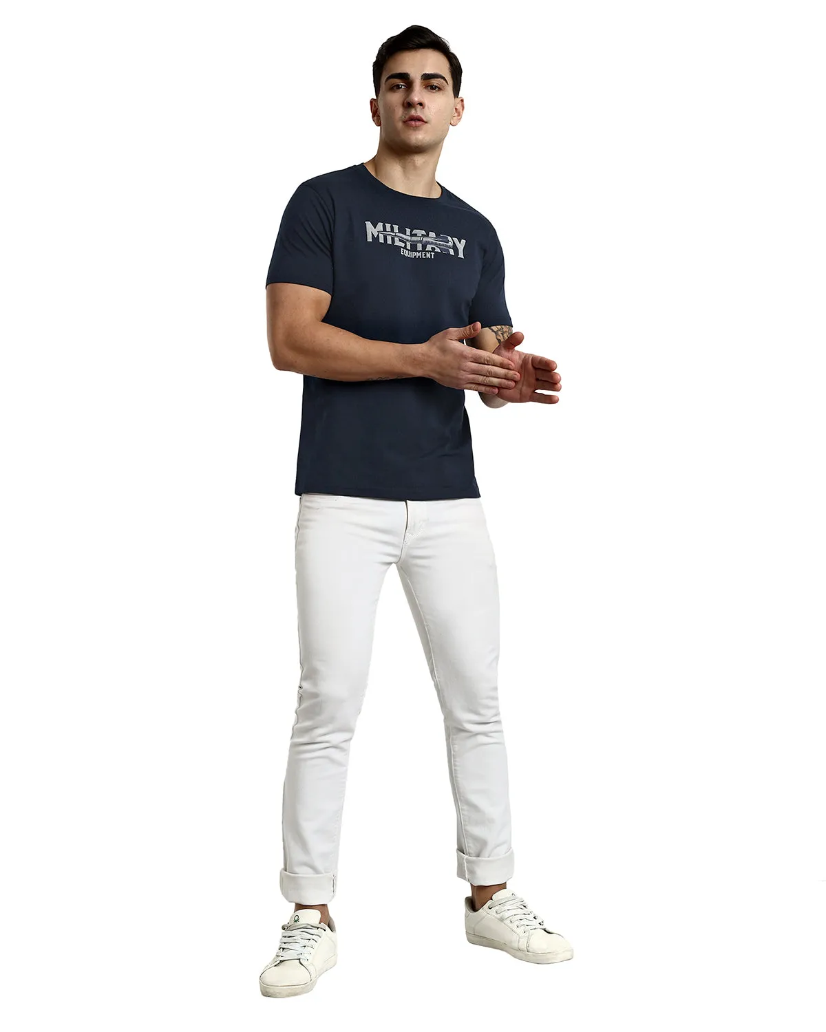 Men Navy Printed Round Neck T-Shirt