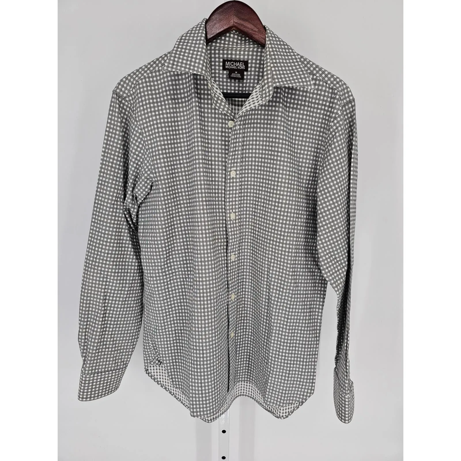 Michael by Michael Kors Mens Sz M Long Sleeve Dress Shirt Plaid Cotton Gray