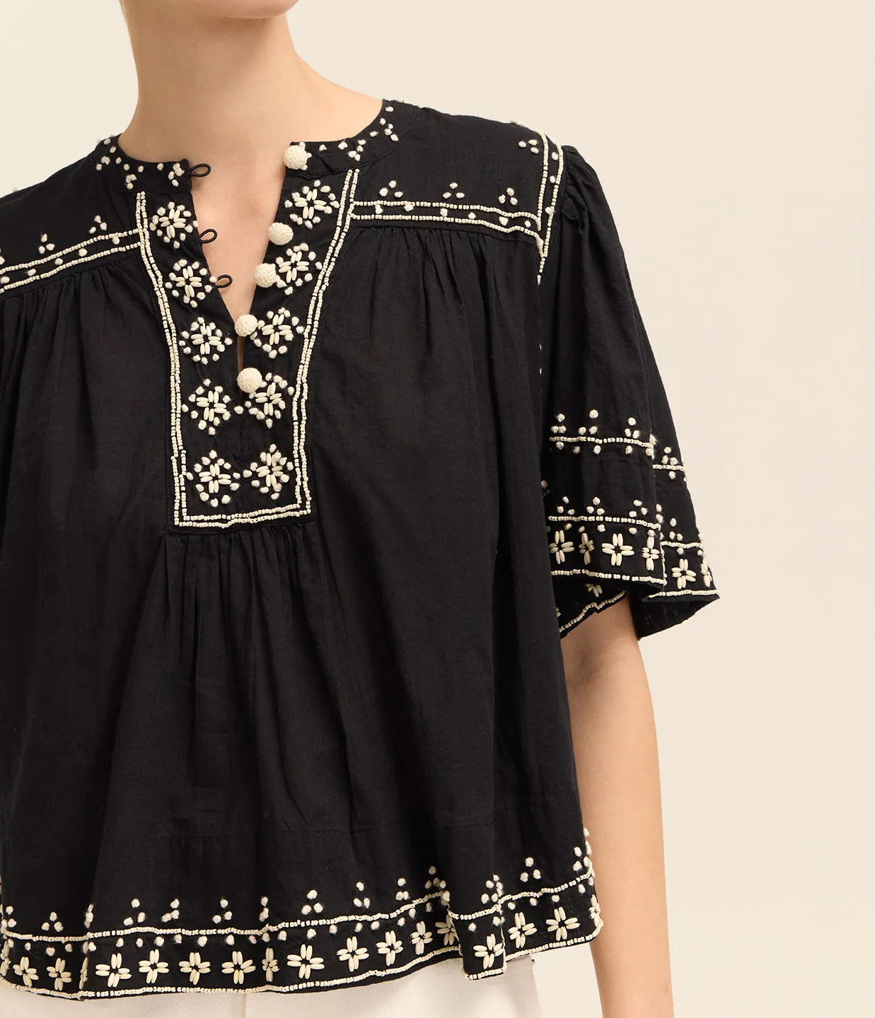 Millie Embroidery Short Sleeve Top in Black