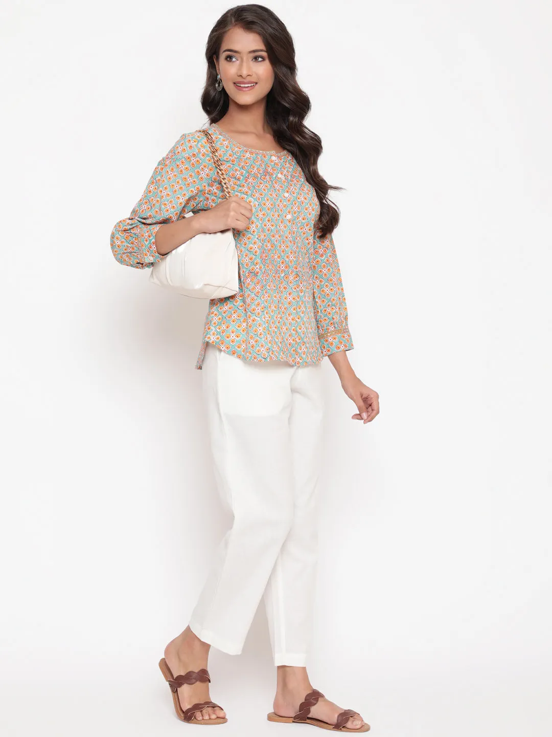Mint Peach Cotton Printed Tunic Top