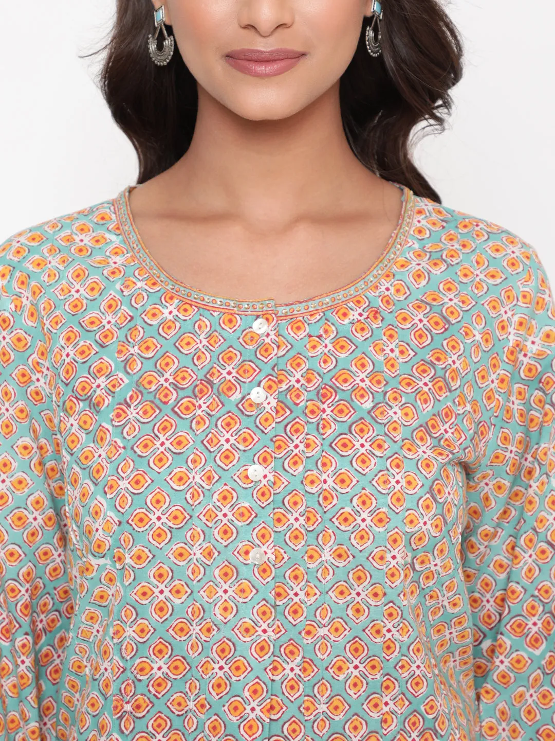 Mint Peach Cotton Printed Tunic Top