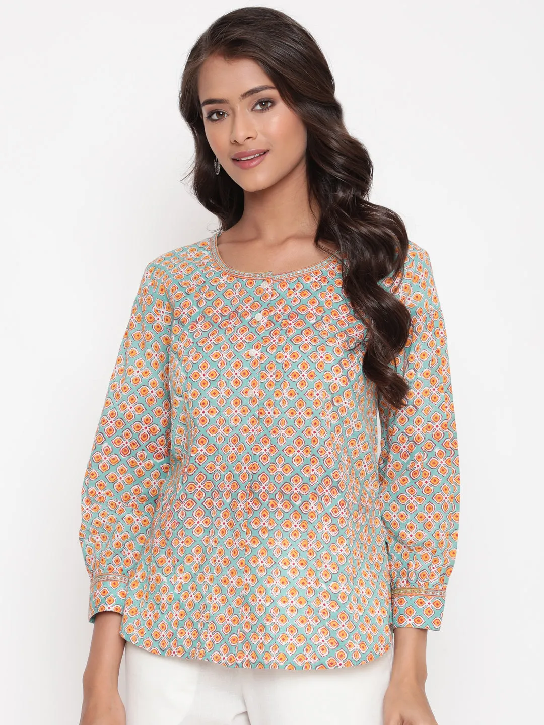 Mint Peach Cotton Printed Tunic Top