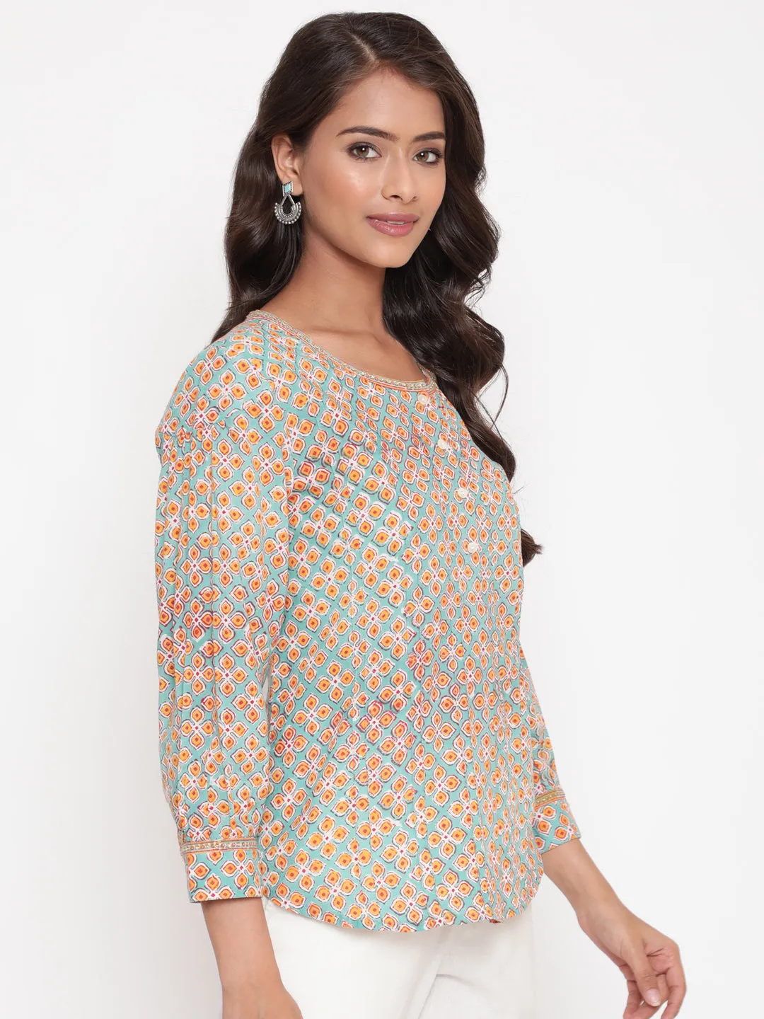 Mint Peach Cotton Printed Tunic Top