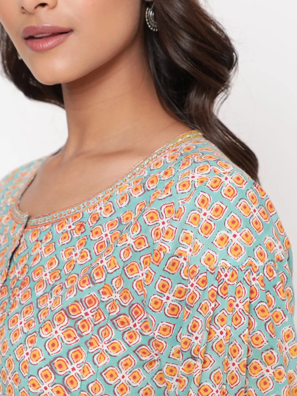 Mint Peach Cotton Printed Tunic Top