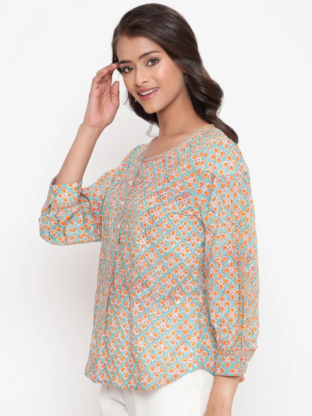 Mint Peach Cotton Printed Tunic Top