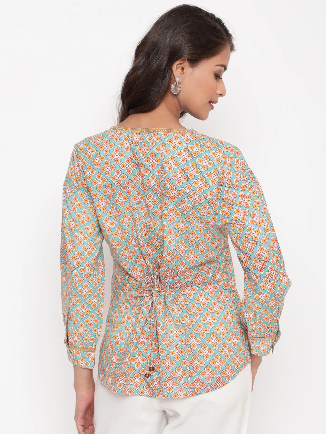 Mint Peach Cotton Printed Tunic Top