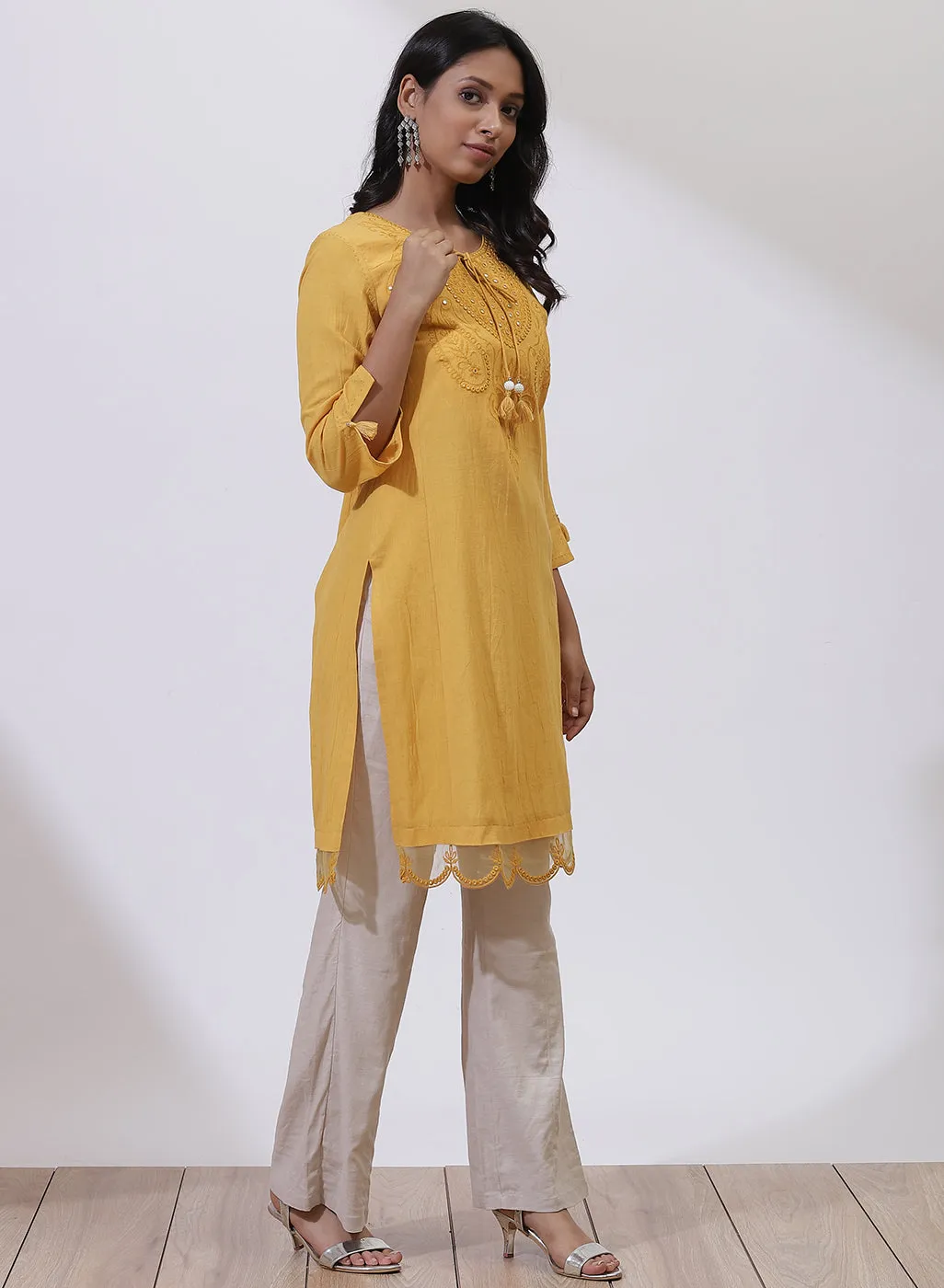 Mustard A-Line Kurta with Delicate Embroidery