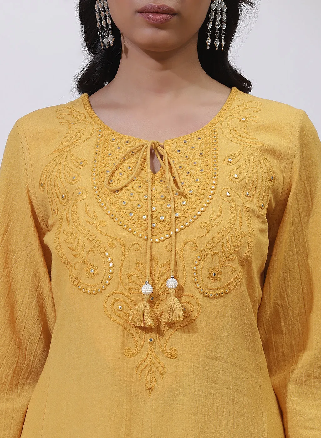 Mustard A-Line Kurta with Delicate Embroidery