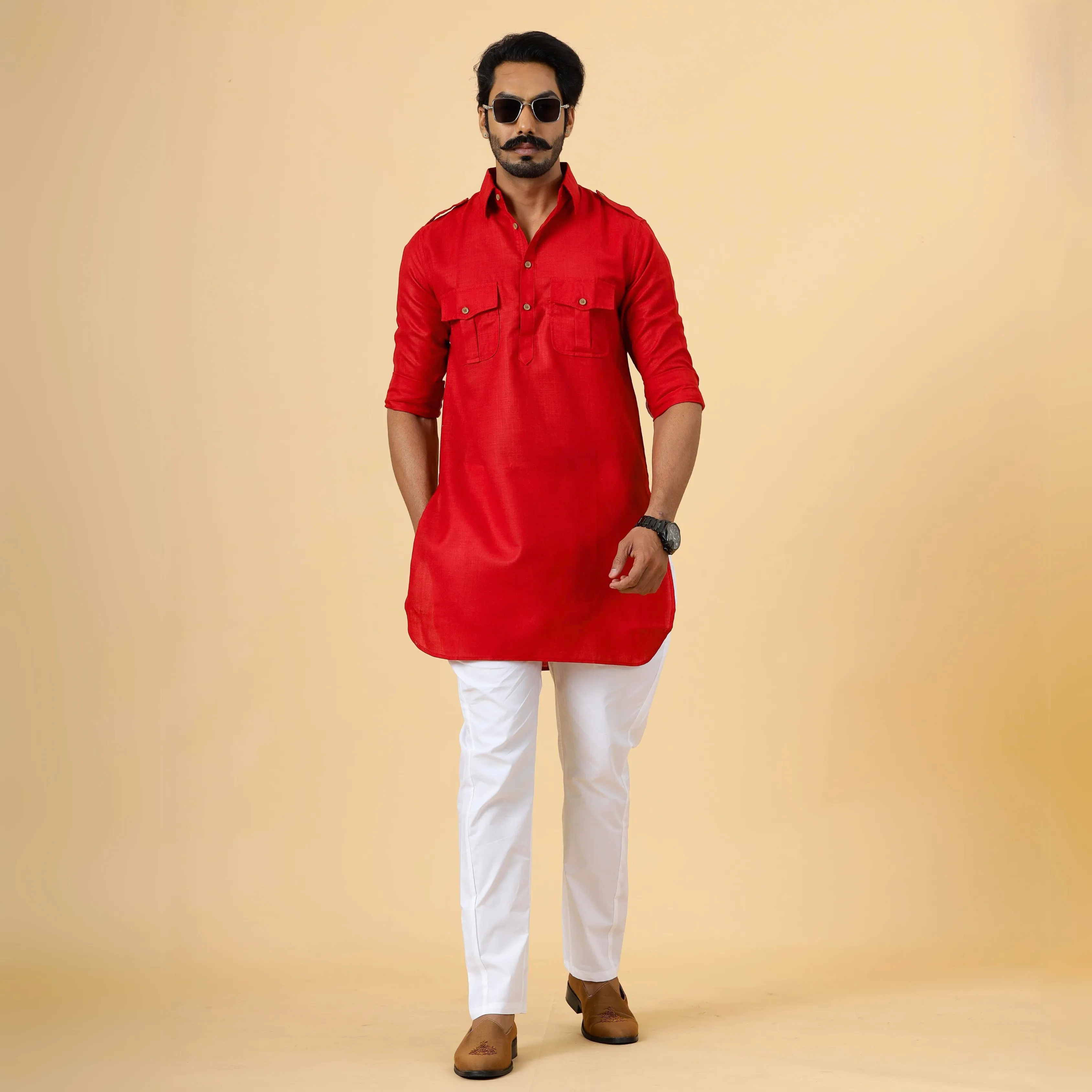 Red Hunting Style Kurta-Pajama Set