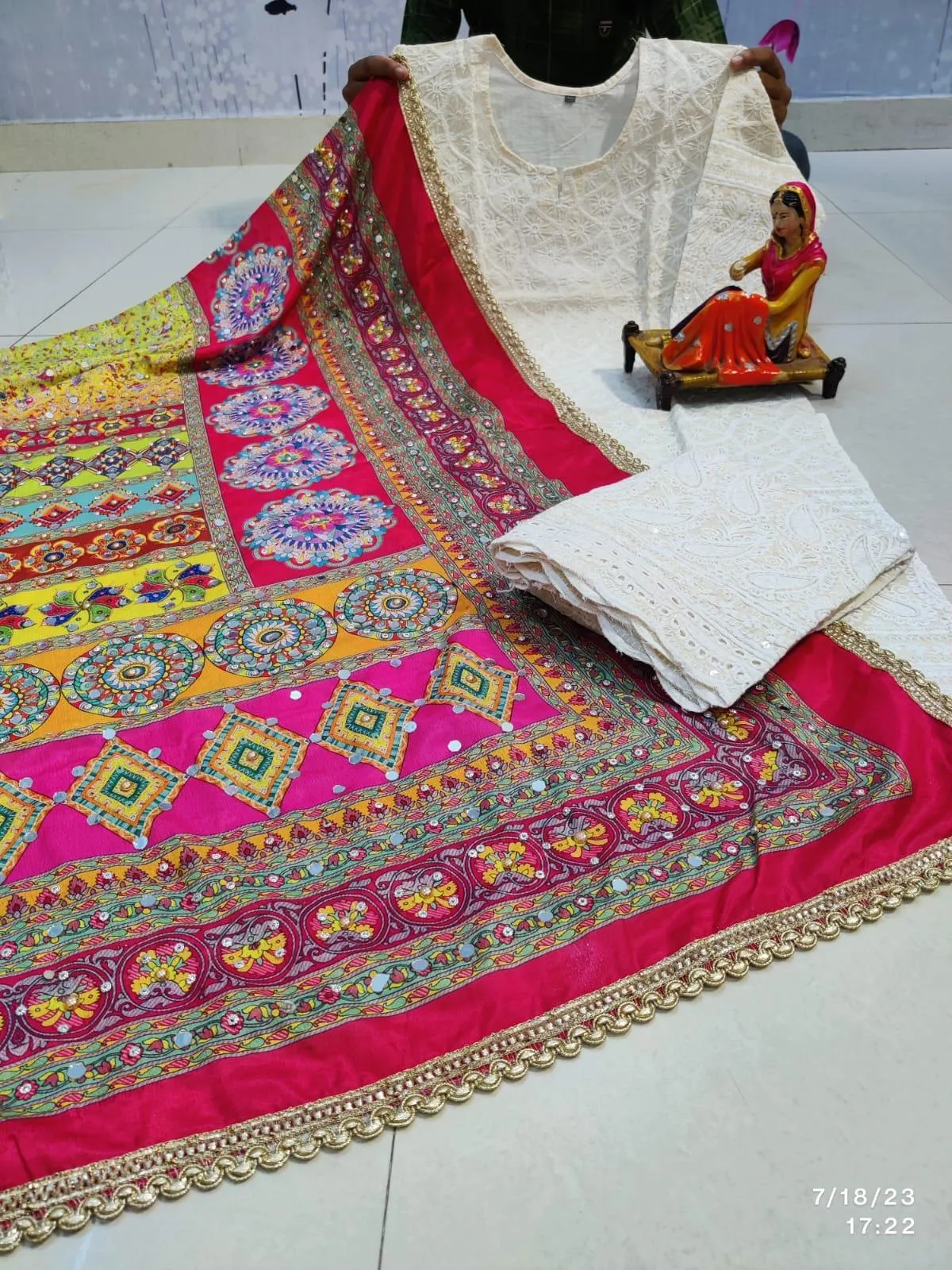 Red Multi Color Ethnic Prints Chikankari Elegance - Pakistani Dupatta & Kurti Palazzo Set