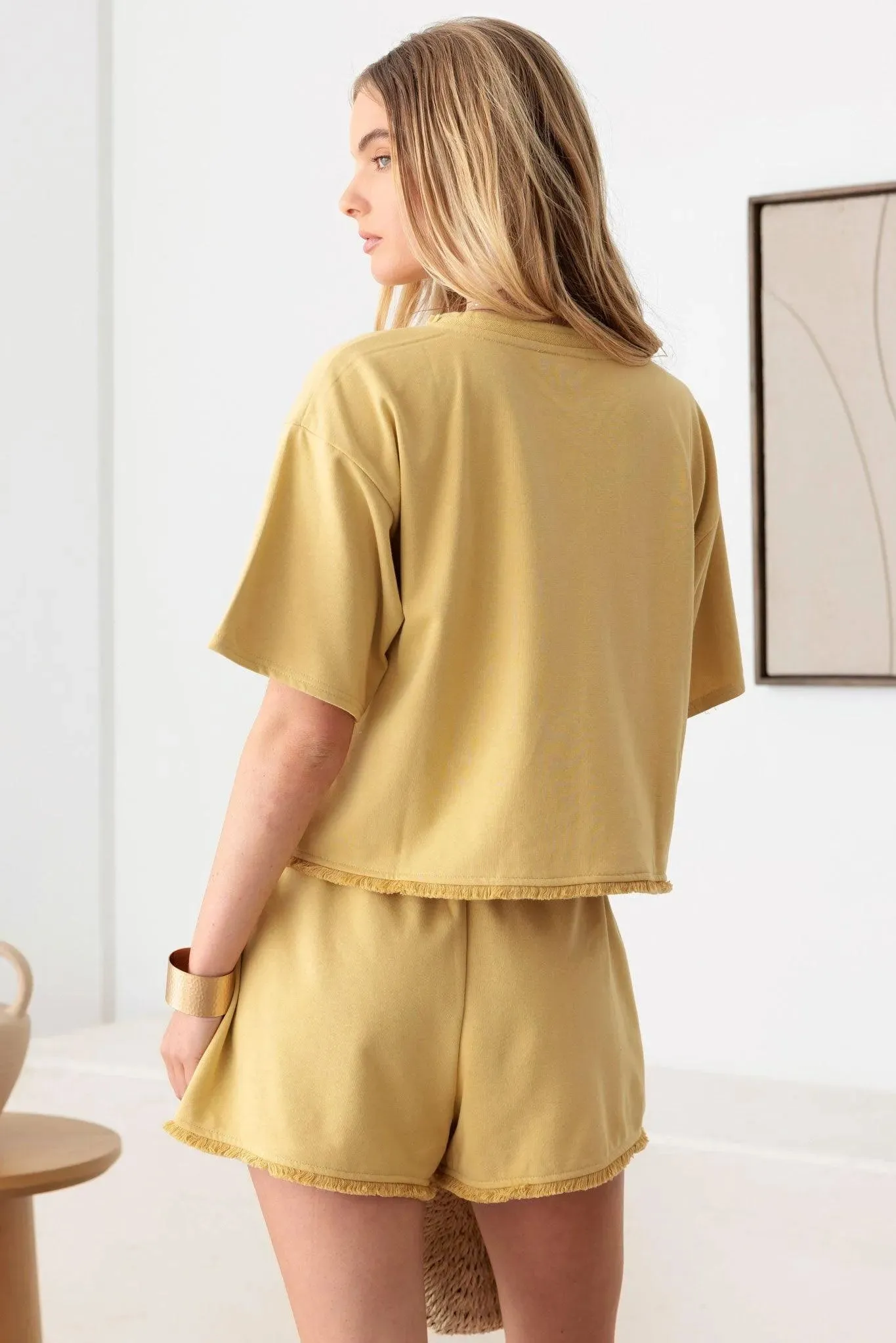 Short Sleeve Fringe Hem Top & Front Pocket Shorts Set