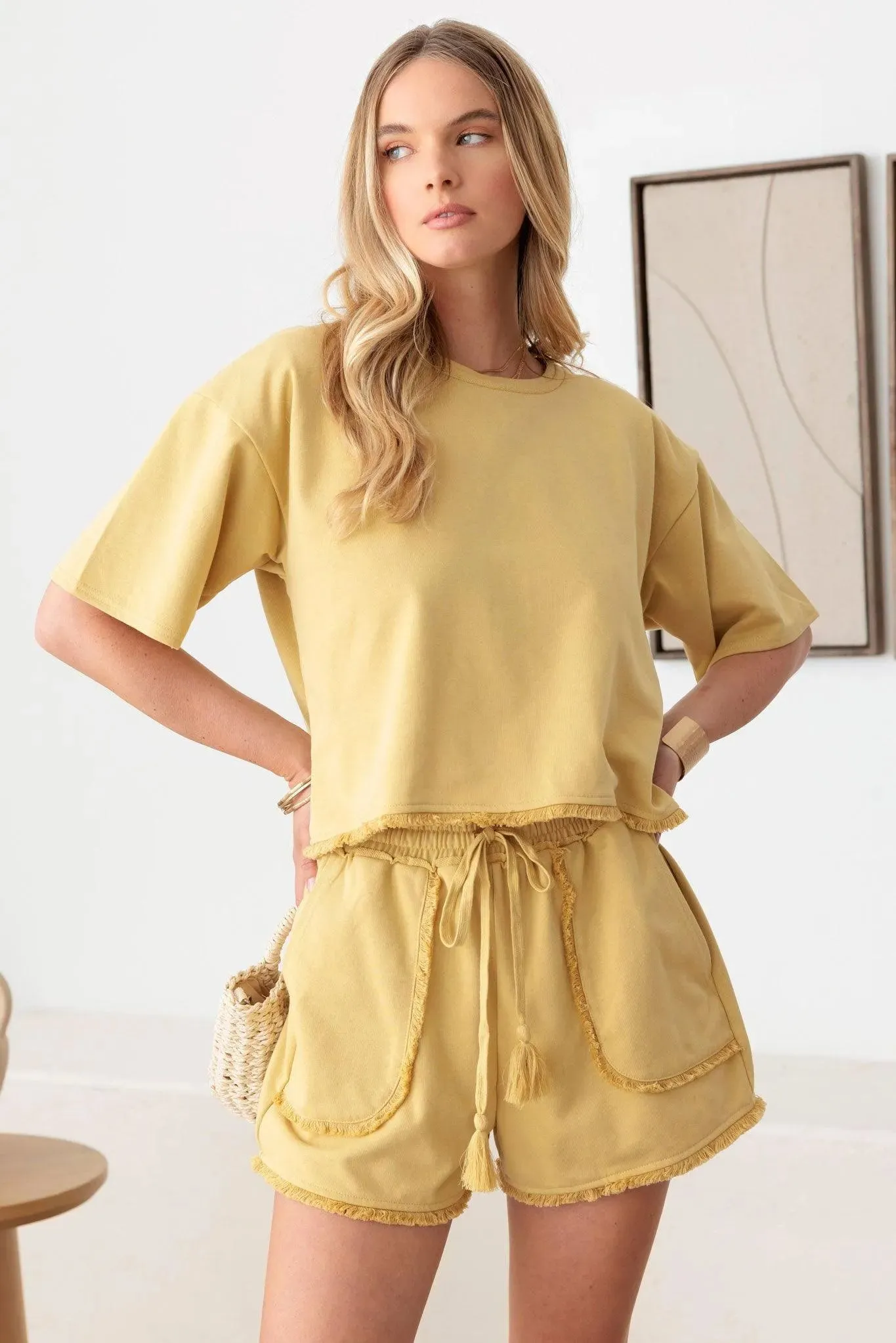Short Sleeve Fringe Hem Top & Front Pocket Shorts Set