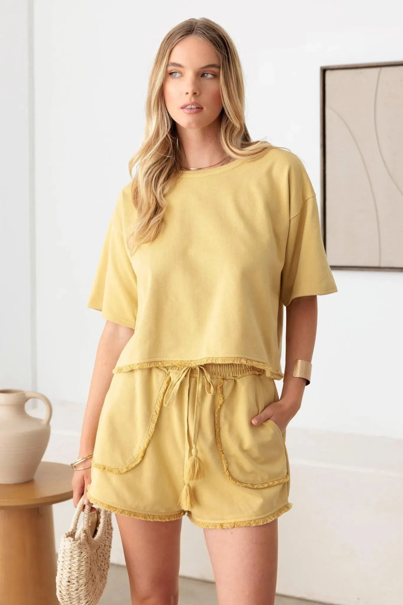 Short Sleeve Fringe Hem Top & Front Pocket Shorts Set