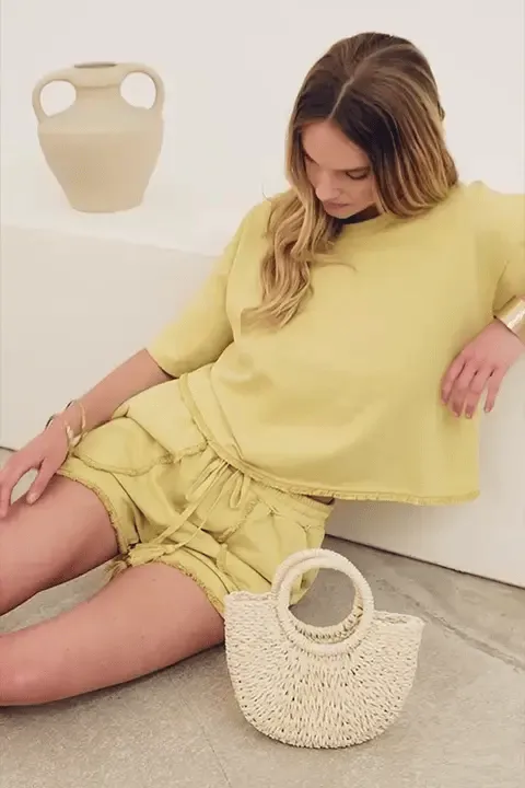 Short Sleeve Fringe Hem Top & Front Pocket Shorts Set