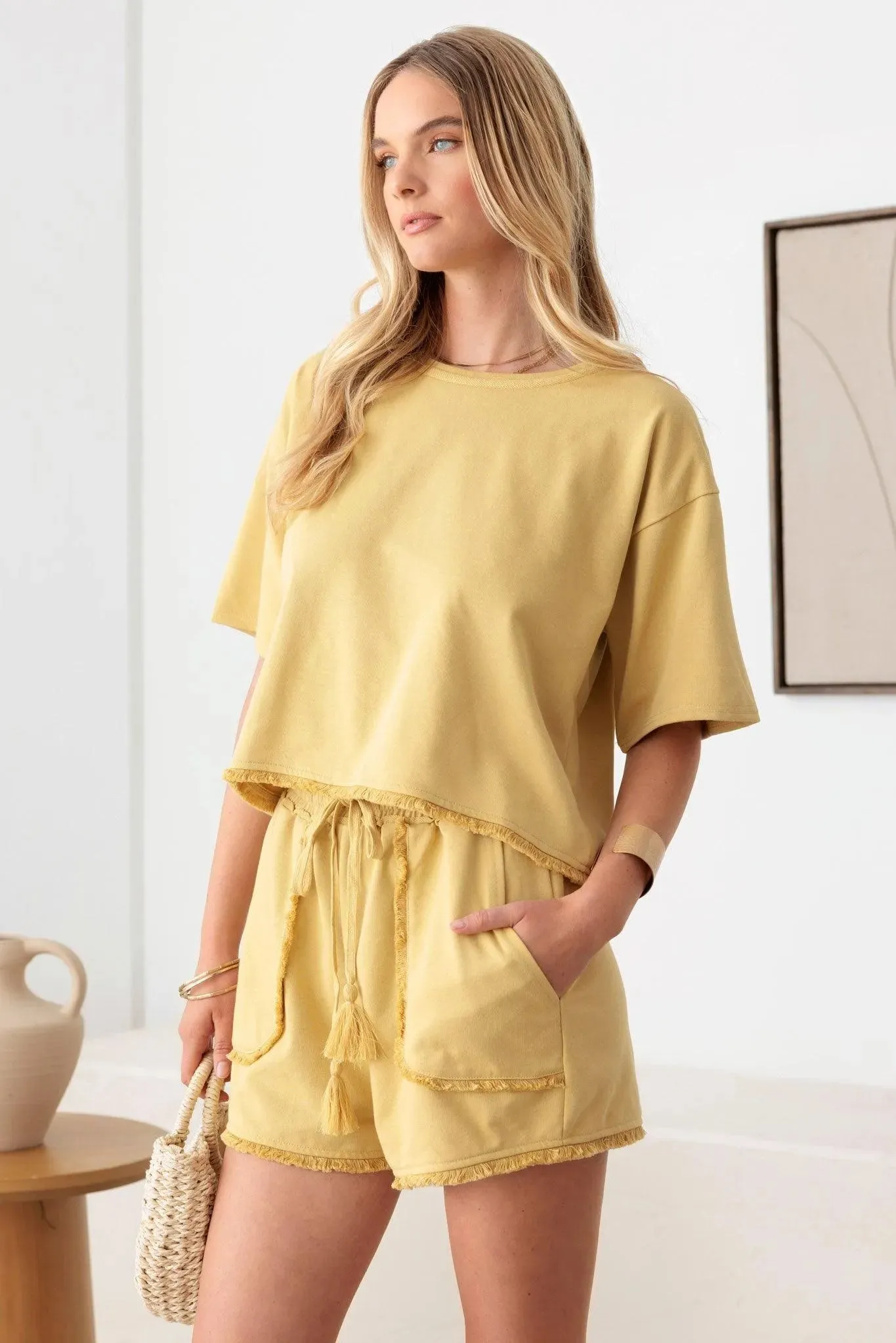 Short Sleeve Fringe Hem Top & Front Pocket Shorts Set