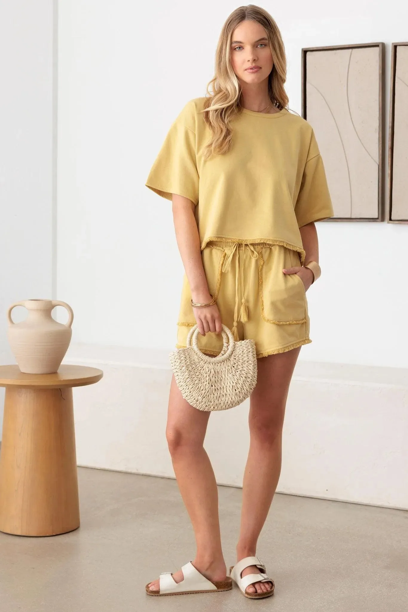 Short Sleeve Fringe Hem Top & Front Pocket Shorts Set