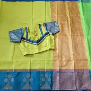 Trendy Light Green & Blue Kora Muslin Saree With Stitched Blouse