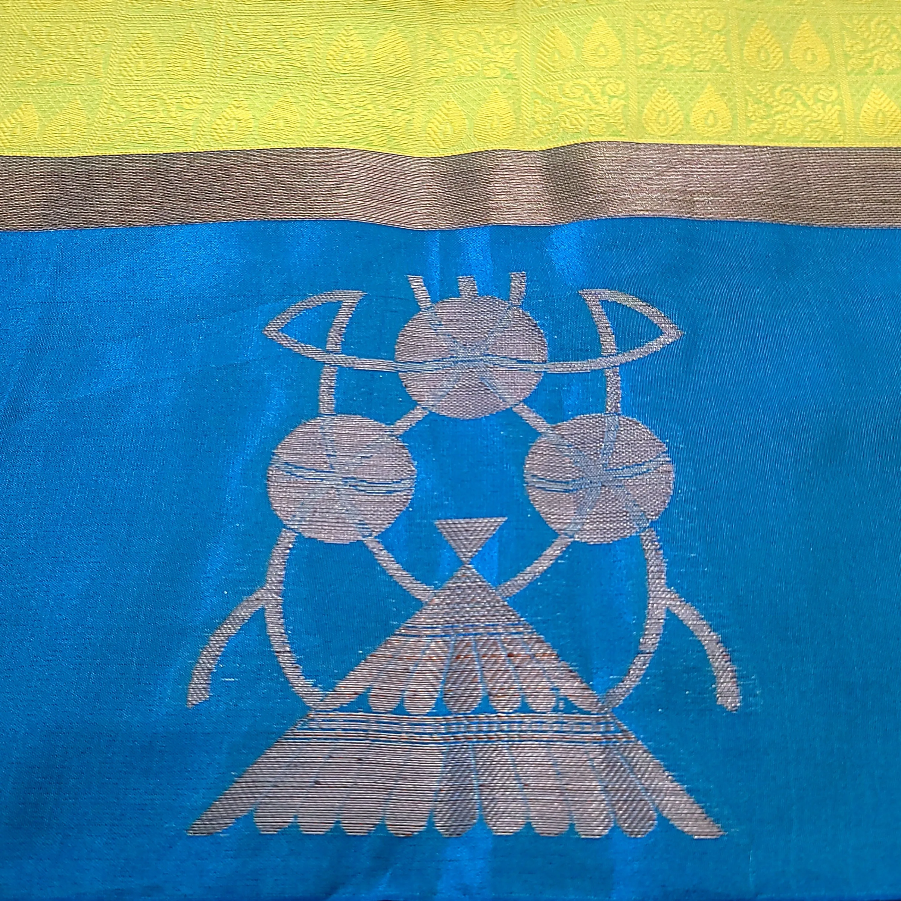 Trendy Light Green & Blue Kora Muslin Saree With Stitched Blouse