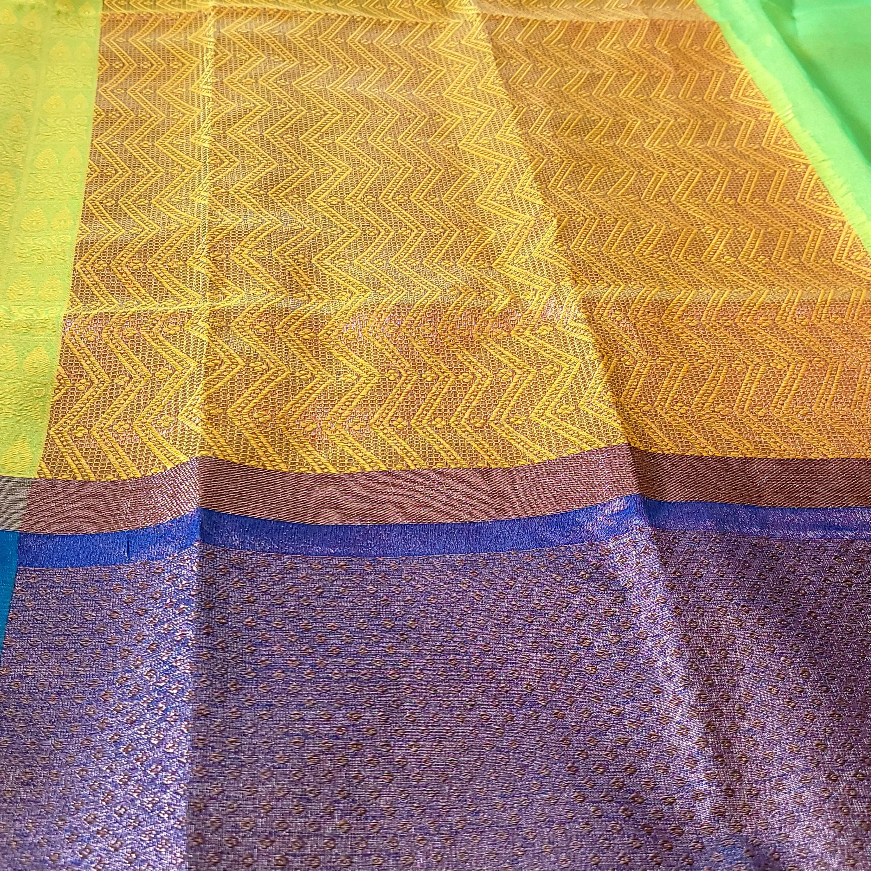 Trendy Light Green & Blue Kora Muslin Saree With Stitched Blouse