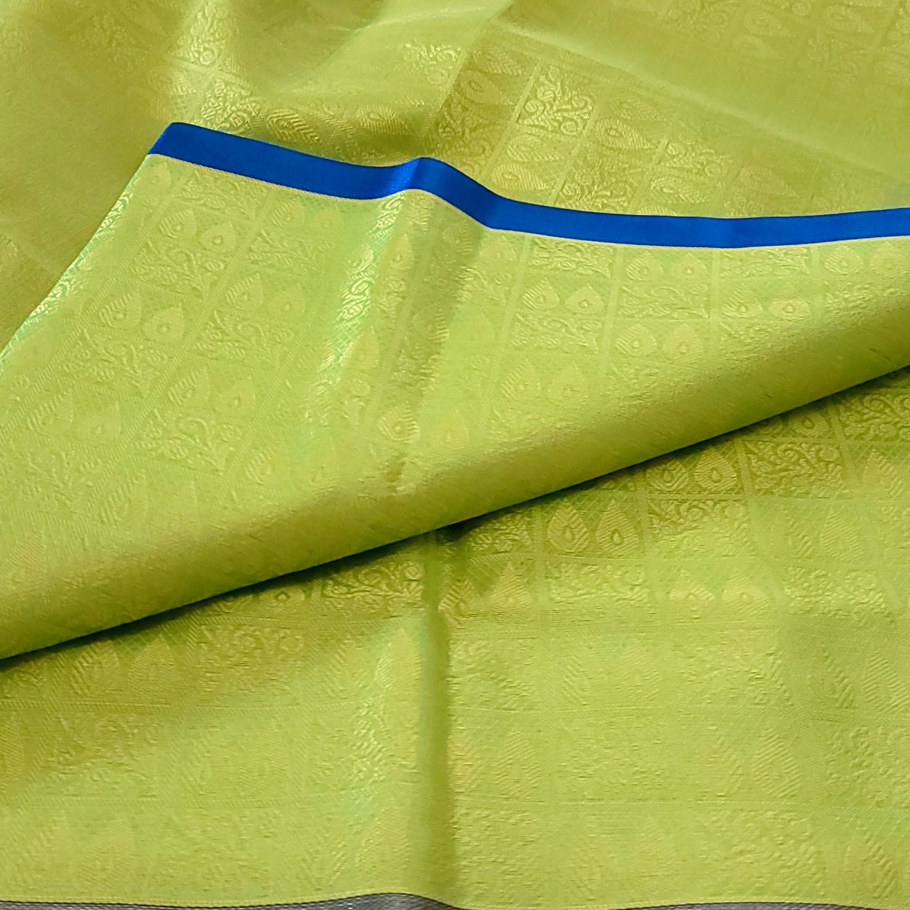 Trendy Light Green & Blue Kora Muslin Saree With Stitched Blouse