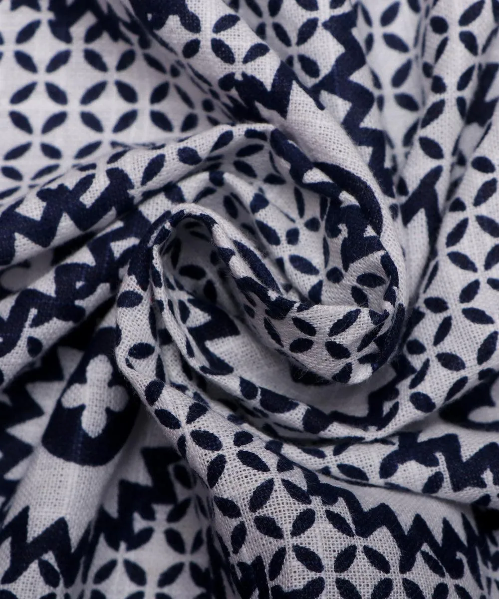 White Colour Traditional Print Cotton Slub Fabric
