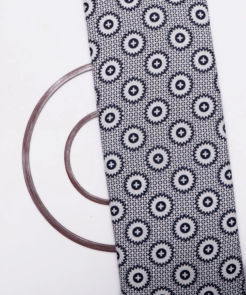 White Colour Traditional Print Cotton Slub Fabric