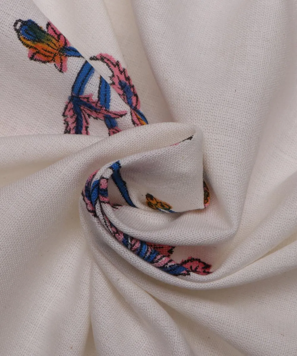 White Mustard and Blue Flower Print Cotton Slub Fabric